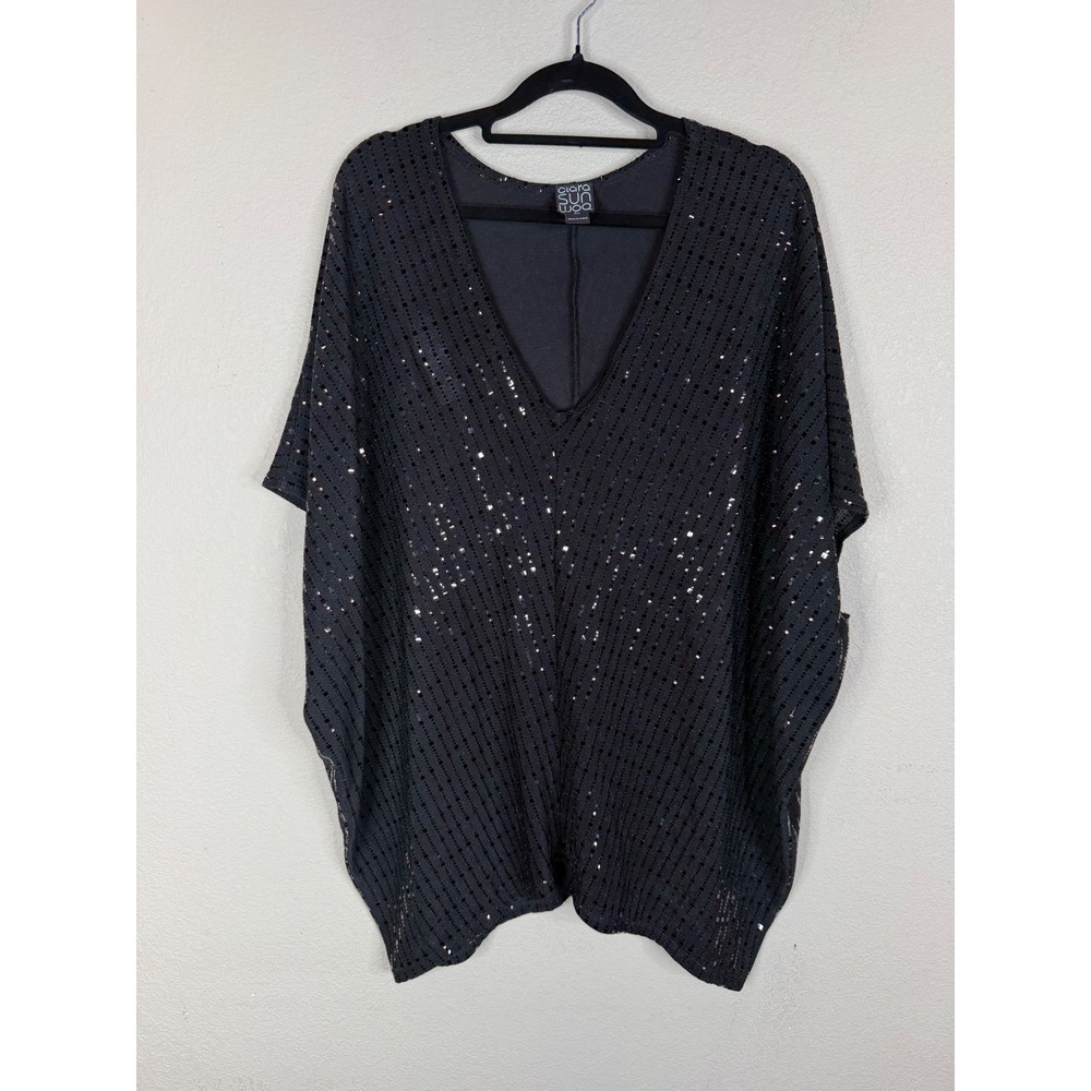Clara Sunwoo Womens Black Sequin V-Neck Poncho Top Relaxed Fit XL Made in USA